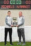 26 April 2023; In attendance at an FAI Junior Cup media event are Jimmy Carr of St Michael's AFC, left, and St Michael's AFC manager John Cremins, with the FAI Junior Cup at Jackman Park in Limerick. Photo by Sam Barnes/Sportsfile