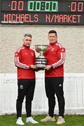 26 April 2023; In attendance at an FAI Junior Cup media event are Eoin Hayes of Newmarket Celtic FC, left. and Newmarket Celtic FC manager Paddy Purcell with the FAI Junior Cup at Jackman Park in Limerick. Photo by Sam Barnes/Sportsfile