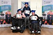 26 April 2023; Graduates, from left, Alan Faye, Conor Murphy and Gary Byrne, with their certificates during the Dr Oliver Murphy Youth Leadership Programme Graduation event at IWA-Sport, Clontarf in Dublin. Photo by Sam Barnes/Sportsfile