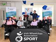 26 April 2023; Graduates, from left, Alan Faye, John Campbell, Sean Byrne, Sarah Creedon, Conor Murphy and Gary Byrne during the Dr Oliver Murphy Youth Leadership Programme Graduation event at IWA-Sport, Clontarf in Dublin. Photo by Sam Barnes/Sportsfile