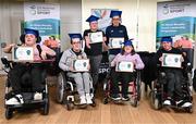 26 April 2023; Graduates, from left, Alan Faye, John Campbell, Sean Byrne, Conor Murphy, Sarah Creedon and Gary Byrne during the Dr Oliver Murphy Youth Leadership Programme Graduation event at IWA-Sport, Clontarf in Dublin. Photo by Sam Barnes/Sportsfile