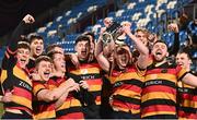 25 April 2023; Lansdowne captain Darragh Murphy lifts the cup after his side's victory in the Bank of Ireland Leinster Rugby Metropolitan Cup Final match between Lansdowne FC and MU Barnhall RFC at Energia Park in Dublin. Photo by Ramsey Cardy/Sportsfile