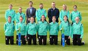 26 April 2023; Certa, Ireland’s largest fuel supplier, is the new title sponsor of the Ireland Women’s Cricket Team. The partnership will fuel Cricket Ireland’s ambition to develop women’s cricket as a major sport in Ireland, and to develop into a major nation in world cricket. Certa operates Ireland’s largest network of unmanned, pay@pump forecourts and home heating depots. Certa is part of DCC plc. For more information visit: certaireland.ie. At the launch of Certa’s partnership with Cricket Ireland and the Ireland Women’s Cricket team at the Malahide Cricket Club in Dublin, are members of the Ireland Women’s Cricket Team and Ed Joyce, Head Coach, Ireland Women’s Cricket Team, back row, centre, with Trevor Koen, Head of Marketing & Digital, Certa, left, and Andrew Graham, Managing Director, Certa, right. Photo by Stephen McCarthy/Sportsfile