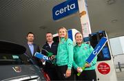 26 April 2023; Certa, Ireland’s largest fuel supplier, is the new title sponsor of the Ireland Women’s Cricket Team. The partnership will fuel Cricket Ireland’s ambition to develop women’s cricket as a major sport in Ireland, and to develop into a major nation in world cricket. Certa operates Ireland’s largest network of unmanned, pay@pump forecourts and home heating depots. Certa is part of DCC plc. For more information visit: certaireland.ie. At the launch of Certa’s partnership with Cricket Ireland and the Ireland Women’s Cricket team at the Certa Filling Station in Clarehall, Dublin, are, from left, Trevor Koen, Head of Marketing & Digital, Certa, Andrew Graham, Managing Director, Certa, Gaby Lewis of the Ireland Women’s Cricket Team and Certa Brand Ambassador and Laura Delany, captain of the Ireland Women’s Cricket Team and Certa Brand Ambassador. Photo by Stephen McCarthy/Sportsfile