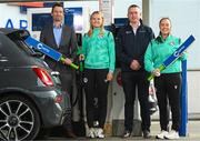 26 April 2023; Certa, Ireland’s largest fuel supplier, is the new title sponsor of the Ireland Women’s Cricket Team. The partnership will fuel Cricket Ireland’s ambition to develop women’s cricket as a major sport in Ireland, and to develop into a major nation in world cricket. Certa operates Ireland’s largest network of unmanned, pay@pump forecourts and home heating depots. Certa is part of DCC plc. For more information visit: certaireland.ie. At the launch of Certa’s partnership with Cricket Ireland and the Ireland Women’s Cricket team at the Certa Filling Station in Clarehall, Dublin, are, from left, Trevor Koen, Head of Marketing & Digital, Certa, Gaby Lewis of the Ireland Women’s Cricket Team and Certa Brand Ambassador, Andrew Graham, Managing Director, Certa and Laura Delany, captain of the Ireland Women’s Cricket Team and Certa Brand Ambassador. Photo by Stephen McCarthy/Sportsfile