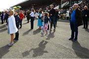 26 April 2023; Lauren Fahey, aged eight, from Kildangan, Kildare cheers on during the Adare Manor Opportunity Series Final Handicap Hurdle during day two of the Punchestown Festival at Punchestown Racecourse in Kildare. Photo by Harry Murphy/Sportsfile