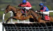 26 April 2023; Grangeclare West, left, with Paul Townend up, jumps the last on their way to winning the Louis Fitzgerald Hotel Hurdle, from eventual second place Da Capo Glory, right, with Darragh Allen up, during day two of the Punchestown Festival at Punchestown Racecourse in Kildare. Photo by Seb Daly/Sportsfile