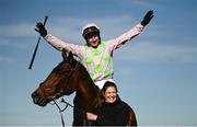 26 April 2023; Jockey Paul Townend celebrates on Gaelic Warrior with groom Rachel Roberts after winning the Irish Mirror Novice Hurdle during day two of the Punchestown Festival at Punchestown Racecourse in Kildare. Photo by Harry Murphy/Sportsfile