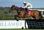 26 April 2023; Gaelic Warrior, with Paul Townend up, jumps the last on their way to winning the Irish Mirror Novice Hurdle during day two of the Punchestown Festival at Punchestown Racecourse in Kildare. Photo by Seb Daly/Sportsfile