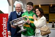 26 April 2023; Jockey John Gleeson celebrates with parents Brian and Claire after winning the 'Race and Stay At Punchestown' Champion INH Flat Race on A Dream To Share during day two of the Punchestown Festival at Punchestown Racecourse in Kildare. Photo by Harry Murphy/Sportsfile