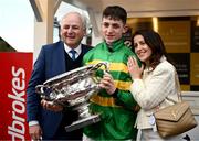 26 April 2023; Jockey John Gleeson celebrates with parents Brian and Claire after winning the 'Race and Stay At Punchestown' Champion INH Flat Race on A Dream To Share during day two of the Punchestown Festival at Punchestown Racecourse in Kildare. Photo by Harry Murphy/Sportsfile