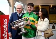 26 April 2023; Jockey John Gleeson celebrates with parents Brian and Claire after winning the 'Race and Stay At Punchestown' Champion INH Flat Race on A Dream To Share during day two of the Punchestown Festival at Punchestown Racecourse in Kildare. Photo by Harry Murphy/Sportsfile