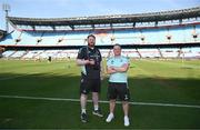22 April 2023; Leinster videographer Robert Maguire and senior communications & media manager Marcus Ó Buachalla before the United Rugby Championship match between Vodacom Bulls and Leinster at Loftus Versfeld Stadium in Pretoria, South Africa. Photo by Harry Murphy/Sportsfile