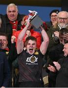 26 April 2023; Down captain Ryan Magill lifts the cup after the 2023 EirGrid Ulster U20 Football Championship Final match between Derry and Down at BOX-IT Athletic Grounds in Armagh. Photo by Ben McShane/Sportsfile