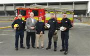 27 April 2023; League of Ireland and Dublin Fire Department have launched an anti-pyro campaign, against the use of pyrotechnics in stadiums. In attendance at the launch at Tallaght Stadium in Dublin are FAI chief stadim doctor Mick Molloy, second from left, League of Ireland director Mark Scanlon, centre, with members of the Dublin Fire Department, and former League of Ireland players, from left, Alan Keane, Darren Quigley and Shaun Maher. Photo by Seb Daly/Sportsfile
