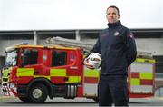 27 April 2023; League of Ireland and Dublin Fire Department have launched an anti-pyro campaign, against the use of pyrotechnics in stadiums. In attendance at the launch at Tallaght Stadium in Dublin is member of the Dublin Fire Department, and former League of Ireland player, Darren Quigley. Photo by Seb Daly/Sportsfile
