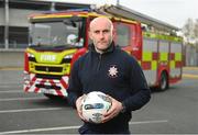 27 April 2023; League of Ireland and Dublin Fire Department have launched an anti-pyro campaign, against the use of pyrotechnics in stadiums. In attendance at the launch at Tallaght Stadium in Dublin is member of the Dublin Fire Department, and former League of Ireland player, Alan Keane. Photo by Seb Daly/Sportsfile