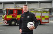 27 April 2023; League of Ireland and Dublin Fire Department have launched an anti-pyro campaign, against the use of pyrotechnics in stadiums. In attendance at the launch at Tallaght Stadium in Dublin is member of the Dublin Fire Department, and former League of Ireland player, Shaun Maher. Photo by Seb Daly/Sportsfile