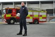 27 April 2023; League of Ireland and Dublin Fire Department have launched an anti-pyro campaign, against the use of pyrotechnics in stadiums. In attendance at the launch at Tallaght Stadium in Dublin is member of the Dublin Fire Department, and former League of Ireland player, Darren Quigley. Photo by Seb Daly/Sportsfile