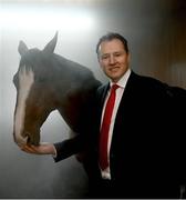 27 April 2023; At the launch of the Horse Sport Ireland Studbook Series, supported by the Department of Agriculture, Food and the Marine, at Karlswood in Meath, home of Irish Olympian Cian O’Connor, is Minister for Agriculture, Food and the Marine Charlie McConalogue TD with 8-year-old stallion Fancy De Kergane in the Equine Salt Therapy room. Photo by David Fitzgerald/Sportsfile