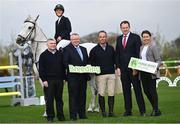 27 April 2023; At the launch of the Horse Sport Ireland Studbook Series, supported by the Department of Agriculture, Food and the Marine, at Karlswood in Meath, home of Irish Olympian Cian O’Connor, is Minister for Agriculture, Food and the Marine Charlie McConalogue TD, second from right, with, from left, Breeding Director of Irish Warmblood Studbook of Ireland Tom Reid, Horse Sport Ireland Chief Executing Officer Denis Duggan, Aga Khan winning rider and Irish Olympian Cian O’Connor, Horse Sport Ireland head of breeding innovation and development Sonja Egan and Robyn Moran on Cushlas Fryday. Photo by David Fitzgerald/Sportsfile