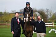 27 April 2023; At the launch of the Horse Sport Ireland Studbook Series, supported by the Department of Agriculture, Food and the Marine, at Karlswood in Meath, home of Irish Olympian Cian O’Connor, is Minister for Agriculture, Food and the Marine Charlie McConalogue TD, left, Aga Khan winning rider and Irish Olympian Cian O’Connor, right, and Aga Khan winning rider Max Watchman on Mangoon. Photo by David Fitzgerald/Sportsfile