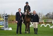 27 April 2023; At the launch of the Horse Sport Ireland Studbook Series, supported by the Department of Agriculture, Food and the Marine, at Karlswood in Meath, home of Irish Olympian Cian O’Connor, is Minister for Agriculture, Food and the Marine Charlie McConalogue TD, left, Aga Khan winning rider and Irish Olympian Cian O’Connor, right, and Aga Khan winning rider Max Watchman on Mangoon. Photo by David Fitzgerald/Sportsfile