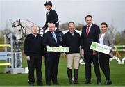 27 April 2023; At the launch of the Horse Sport Ireland Studbook Series, supported by the Department of Agriculture, Food and the Marine, at Karlswood in Meath, home of Irish Olympian Cian O’Connor, is Minister for Agriculture, Food and the Marine Charlie McConalogue TD, second from right, with, from left, Breeding Director of Irish Warmblood Studbook of Ireland Tom Reid, Horse Sport Ireland Chief Executing Officer Denis Duggan, Aga Khan winning rider and Irish Olympian Cian O’Connor, Horse Sport Ireland head of breeding innovation and development Sonja Egan and Robyn Moran on Cushlas Fryday. Photo by David Fitzgerald/Sportsfile