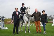 27 April 2023; At the launch of the Horse Sport Ireland Studbook Series, supported by the Department of Agriculture, Food and the Marine, at Karlswood in Meath, home of Irish Olympian Cian O’Connor, is Minister for Agriculture, Food and the Marine Charlie McConalogue TD, left, with Owner of Cushlas Fryday Vera Griffin, Breeder of Cushlas Fryday JP Finlay and Robyn Moran on Cushlas Fryday. Photo by David Fitzgerald/Sportsfile