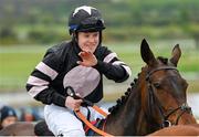 27 April 2023; Jockey Luke Dempsey celebrates on Broomfield Bijou after winning the Specialist Group Handicap Hurdle during day three of the Punchestown Festival at Punchestown Racecourse in Kildare. Photo by Seb Daly/Sportsfile