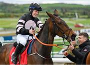 27 April 2023; Jockey Luke Dempsey celebrates on Broomfield Bijou after winning the Specialist Group Handicap Hurdle during day three of the Punchestown Festival at Punchestown Racecourse in Kildare. Photo by Seb Daly/Sportsfile