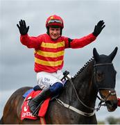 27 April 2023; Jockey Paul Townend celebrates on Klassical Dream after winning the Ladbrokes Champion Stayers Hurdle during day three of the Punchestown Festival at Punchestown Racecourse in Kildare. Photo by Seb Daly/Sportsfile