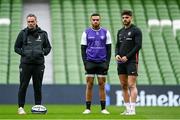 28 April 2023; Head coach Ugo Mola, Matthis Lebel and Romain Ntamack during a Toulouse captain's run at the Aviva Stadium in Dublin. Photo by Harry Murphy/Sportsfile