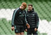 28 April 2023; Ciarán Frawley and Luke McGrath during a Leinster Rugby captain's run at the Aviva Stadium in Dublin. Photo by Harry Murphy/Sportsfile