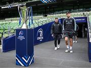 28 April 2023; Luke McGrath and Ross Byrne walks out for a Leinster Rugby captain's run at the Aviva Stadium in Dublin. Photo by Harry Murphy/Sportsfile