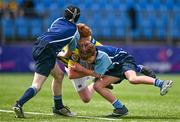 28 April 2023; Action between St Benildus College and Newpark School during the Leinster Rugby South Dublin 7s Finals Day at Energia Park in Dublin. Photo by Ben McShane/Sportsfile