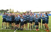 28 April 2023; Newpark School players celebrate with the Cup after the Leinster Rugby South Dublin 7s Finals Day at Energia Park in Dublin. Photo by Ben McShane/Sportsfile