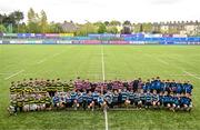 28 April 2023; Players pose for a group photo after the Leinster Rugby South Dublin 7s Finals Day at Energia Park in Dublin. Photo by Ben McShane/Sportsfile