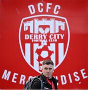 28 April 2023; Derry City goalkeeper Brian Maher arrives before the SSE Airtricity Men's Premier Division match between Derry City and St Patrick's Athletic at The Ryan McBride Brandywell Stadium in Derry. Photo by Ramsey Cardy/Sportsfile