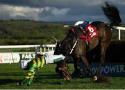 28 April 2023; Drumcliff and jockey Aine Bernadette O'Connor fall at the last during the Irish Daily Star Champion Hunters Steeplechase on day four of the Punchestown Festival at Punchestown Racecourse in Kildare. Photo by Seb Daly/Sportsfile