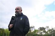 28 April 2023; UCD manager Andy Myler is interviewed by LOITV before the SSE Airtricity Men's Premier Division match between UCD and Bohemians at the UCD Bowl in Dublin. Photo by Ben McShane/Sportsfile