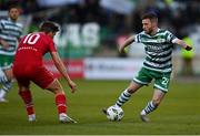 28 April 2023; Jack Byrne of Shamrock Rovers in action against Frank Liivak of Sligo Rovers during the SSE Airtricity Men's Premier Division match between Shamrock Rovers and Sligo Rovers at Tallaght Stadium in Dublin. Photo by Tyler Miller/Sportsfile