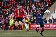 28 April 2023; Michael Duffy of Derry City shoots wide of goal during the SSE Airtricity Men's Premier Division match between Derry City and St Patrick's Athletic at The Ryan McBride Brandywell Stadium in Derry. Photo by Ramsey Cardy/Sportsfile