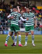 28 April 2023; Johnny Kenny of Shamrock Rovers, centre, celebrates with teammates Gary O'Neill, left, and Lee Grace after scoring his side's first goal during the SSE Airtricity Men's Premier Division match between Shamrock Rovers and Sligo Rovers at Tallaght Stadium in Dublin. Photo by Tyler Miller/Sportsfile