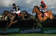 28 April 2023; Its On The Line, left, with Derek O'Connor up, jumps the last on their way to winning the Irish Daily Star Champion Hunters Steeplechase, from second place Vaucelet, right, with Barry O'Neill up, during day four of the Punchestown Festival at Punchestown Racecourse in Kildare. Photo by Seb Daly/Sportsfile