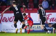 28 April 2023; Matty Smith of Shelbourne shoots to score his side's first goal during the SSE Airtricity Men's Premier Division match between Shelbourne and Cork City at Tolka Park in Dublin. Photo by Harry Murphy/Sportsfile