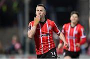 28 April 2023; Ben Doherty of Derry City celebrates after scoring his side's first goal, from a penalty, during the SSE Airtricity Men's Premier Division match between Derry City and St Patrick's Athletic at The Ryan McBride Brandywell Stadium in Derry. Photo by Ramsey Cardy/Sportsfile