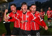 28 April 2023; Colm Whelan of Derry City celebrates with teammates Cameron McJannet, left, and Jordan McEneff right, after scoring their side's second goal during the SSE Airtricity Men's Premier Division match between Derry City and St Patrick's Athletic at The Ryan McBride Brandywell Stadium in Derry. Photo by Ramsey Cardy/Sportsfile