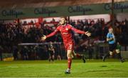 28 April 2023; Jack Moylan of Shelbourne celebrates after scoring his side's second goal during the SSE Airtricity Men's Premier Division match between Shelbourne and Cork City at Tolka Park in Dublin. Photo by Harry Murphy/Sportsfile