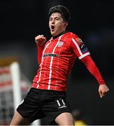 28 April 2023; Colm Whelan of Derry City celebrates after scoring his side's second goal during the SSE Airtricity Men's Premier Division match between Derry City and St Patrick's Athletic at The Ryan McBride Brandywell Stadium in Derry. Photo by Ramsey Cardy/Sportsfile
